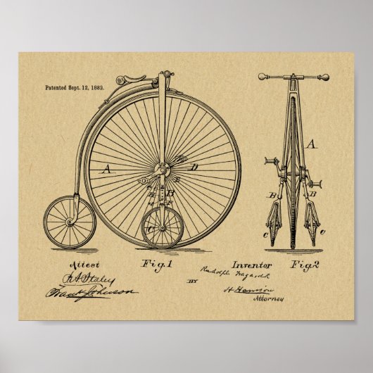 1882 High Wheeler Bicycle Patent Art Print (Voorkant)