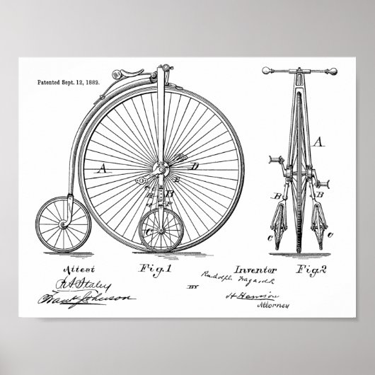 1882  High Wheeler Bicycle Patent Art Print (Voorkant)