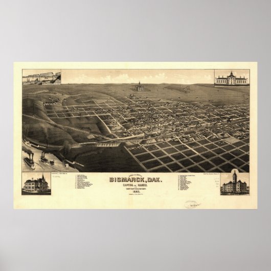 1883 Bismarck, ND Birds Eye Uitzicht Panorama Poster (Voorkant)