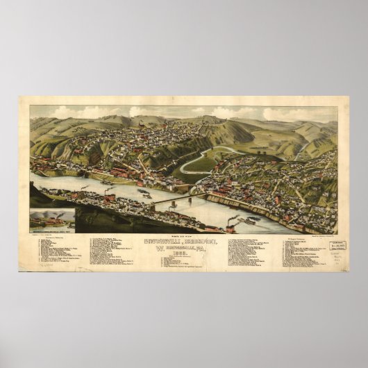 1883 Brownsville, PA Birds Eye Uitzicht Panoramic Poster (Voorkant)
