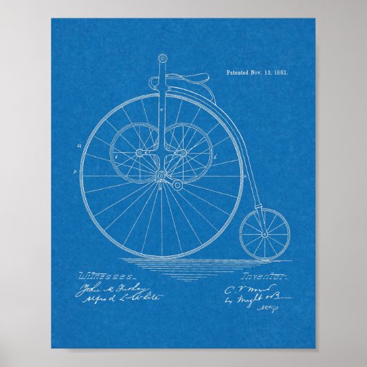 1883 High Wheeler Bicycle Design Patent Art Print (Voorkant)