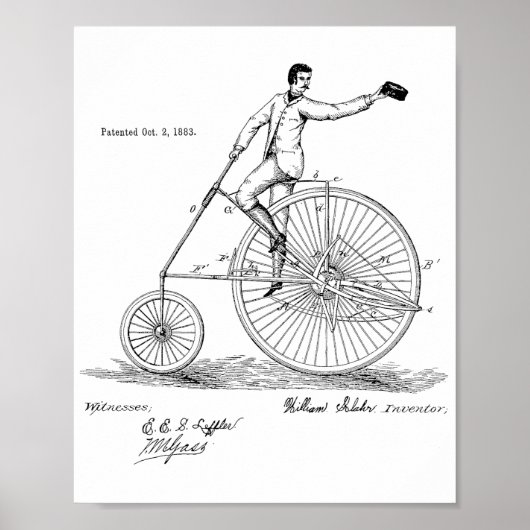 1883 High Wheeler Bicycle Patent Art Print (Voorkant)