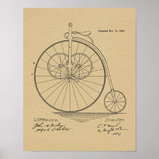 1883  High Wheeler Bicycle Patent Art Print (Voorkant)