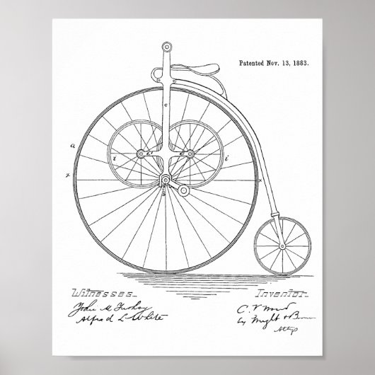 1883  High Wheeler Bicycle Patent Art Print (Voorkant)