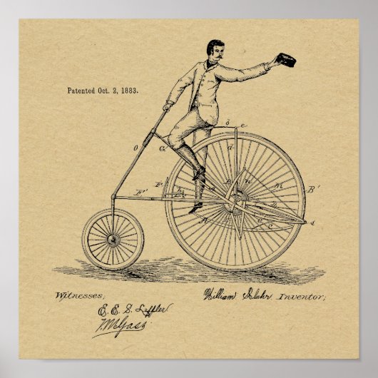 1883  High Wheeler Bicycle Patent Art Print (Voorkant)