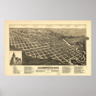 1883 Jamestown, ND Birds Eye Uitzicht Panoramic Ma Poster