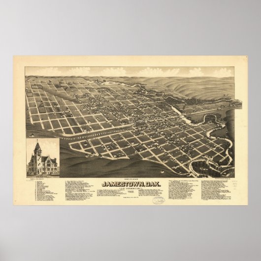 1883 Jamestown, ND Birds Eye Uitzicht Panoramic Ma Poster (Voorkant)