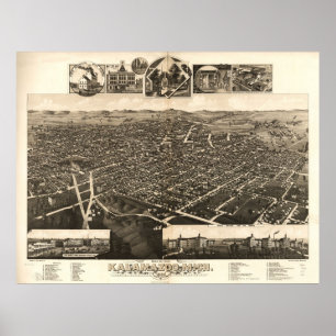 1883 Kalamazoo, MI Vogels Oog Uitzicht Panorama Poster