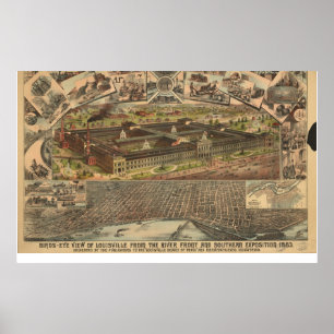 1883 Louisville, KY Birds Eye Uitzicht Panoramic M Poster