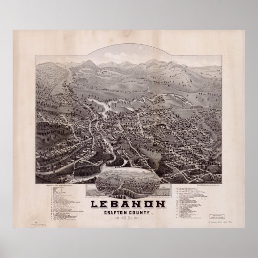 1884 Libanon, NH Birds Eye Uitzicht Panoramic Map Poster (Voorkant)