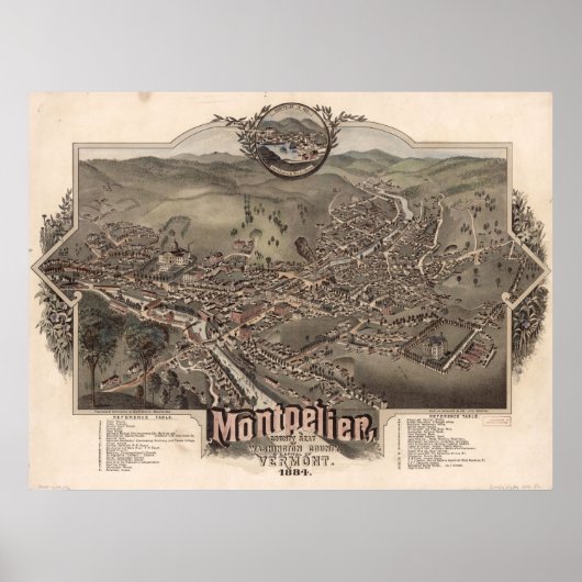 1884 Montpelier, VT Bird's Eye Uitzicht Panoramic Poster (Voorkant)