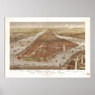 1884 New York City NY Birds Eye Uitzicht Panoramic Poster
