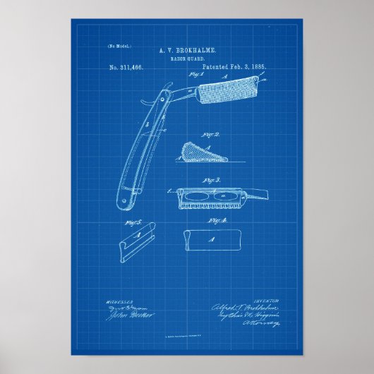 1885 Barber Razor Blueprint Patent Artwork Poster (Voorkant)