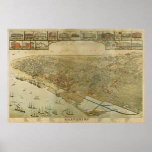 1885 Galveston, TX Birds Eye Uitzicht Panorama Poster