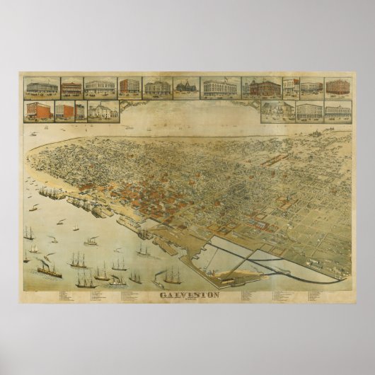 1885 Galveston, TX Birds Eye Uitzicht Panorama Poster (Voorkant)