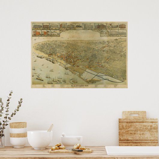 1885 Galveston, TX Birds Eye Uitzicht Panorama Poster (Keuken)