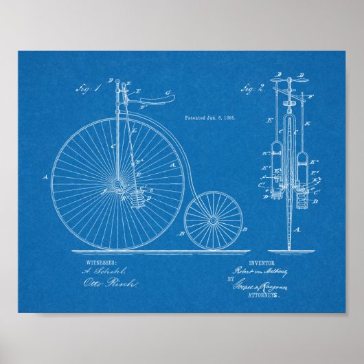 1885 High Wheeler Bicycle Design Patent Art Print (Voorkant)