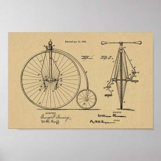 1885 High Wheeler Bicycle Design Patent Art Print (Voorkant)