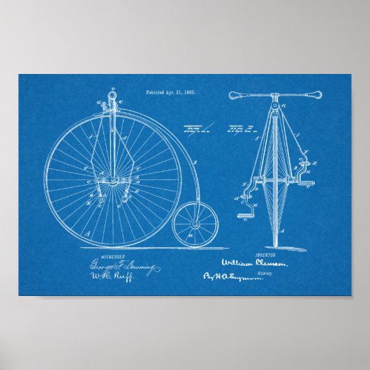 1885 High Wheeler Bicycle Design Patent Art Print (Voorkant)