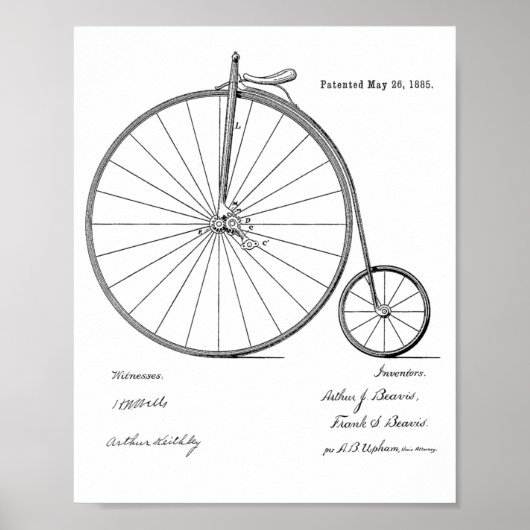 1885  High Wheeler Bicycle Patent Art Print (Voorkant)