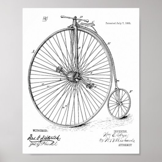 1885  High Wheeler Bicycle Patent Art Print (Voorkant)