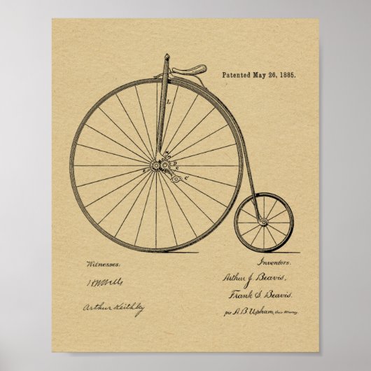 1885 High Wheeler Bicycle Patent Art Print (Voorkant)