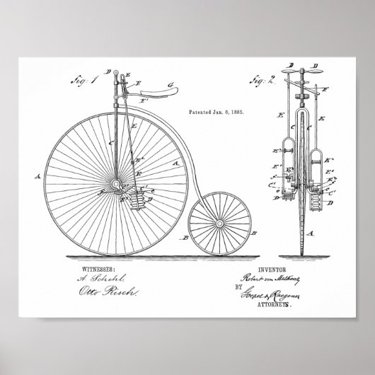 1885  High Wheeler Bicycle Patent Art Print (Voorkant)