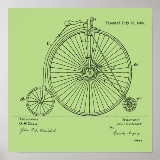1885  High Wheeler Bicycle Patent Art Print (Voorkant)