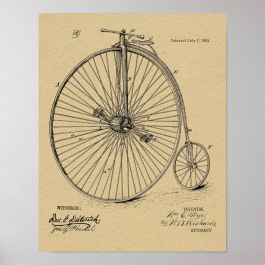 1885  High Wheeler Bicycle Patent Art Print (Voorkant)