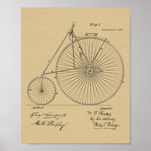 1885  High Wheeler Bicycle Patent Art Print (Voorkant)