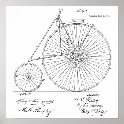 1885  High Wheeler Bicycle Patent Art Print (Voorkant)