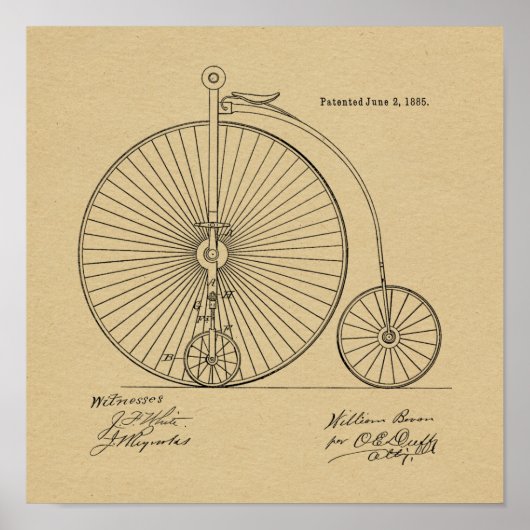 1885 High Wheeler Bicycle Patent Art Print (Voorkant)