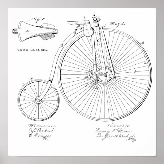 1885  High Wheeler Bicycle Patent Art Print (Voorkant)