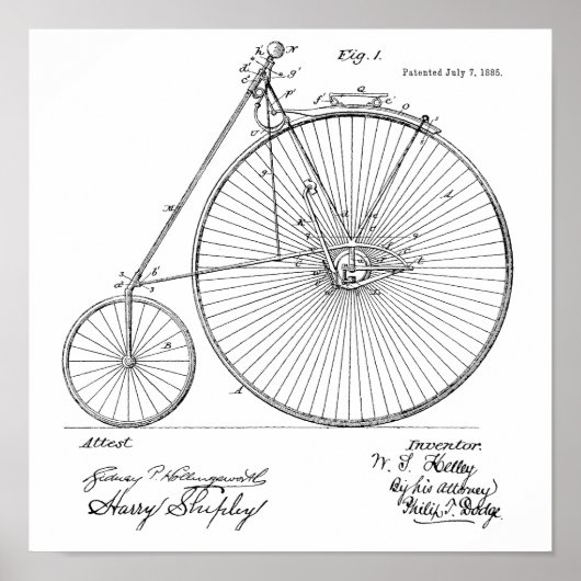1885  High Wheeler Bicycle Patent Art Print (Voorkant)