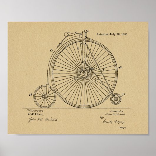 1885 High Wheeler Bicycle Patent Art Print (Voorkant)