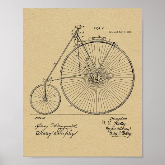 1885  High Wheeler Bicycle Patent Art Print (Voorkant)