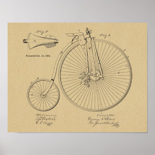 1885  High Wheeler Bicycle Patent Art Print (Voorkant)