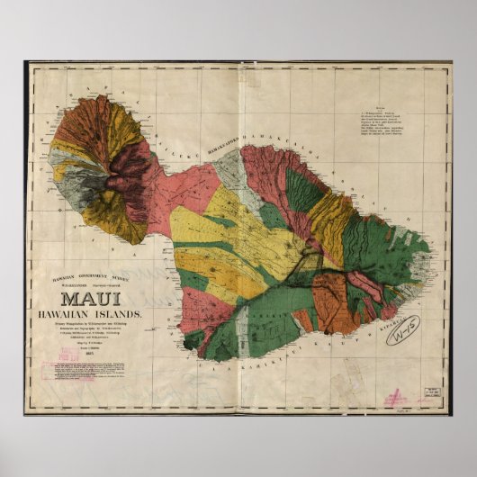 1885 Kaart van Maui, Hawaii Poster (Voorkant)
