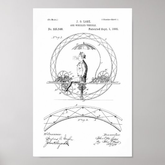1885  one Wheeled Bike Patent Print (Voorkant)