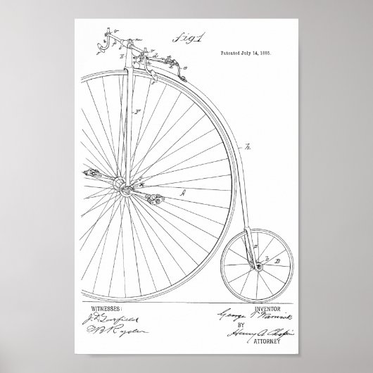 1885 Vintage High Wheeler Bicycle Patent Art Print (Voorkant)