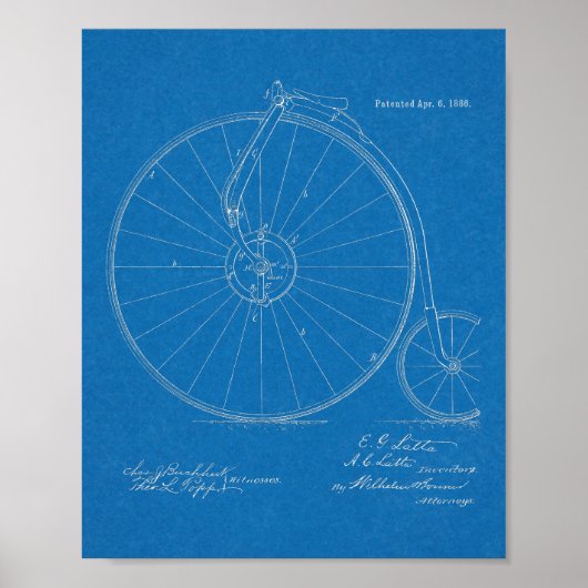 1886 High Wheeler Bicycle Design Patent Art Print (Voorkant)