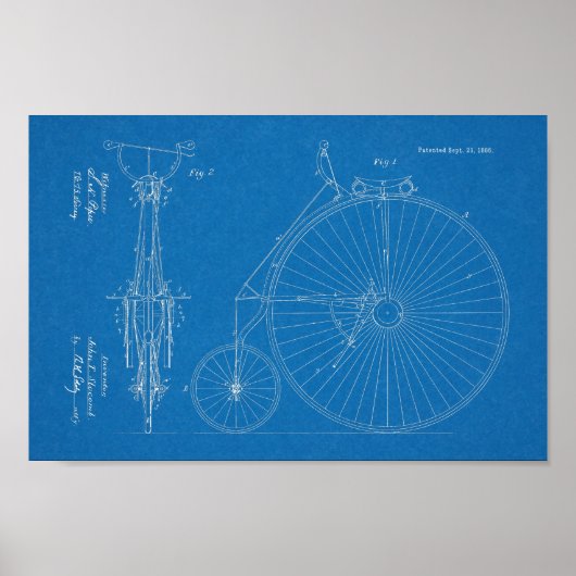 1886 High Wheeler Bicycle Design Patent Art Print (Voorkant)