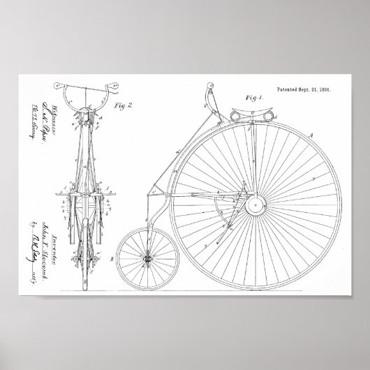 1886 High Wheeler Bicycle Design Patent Art Print (Voorkant)