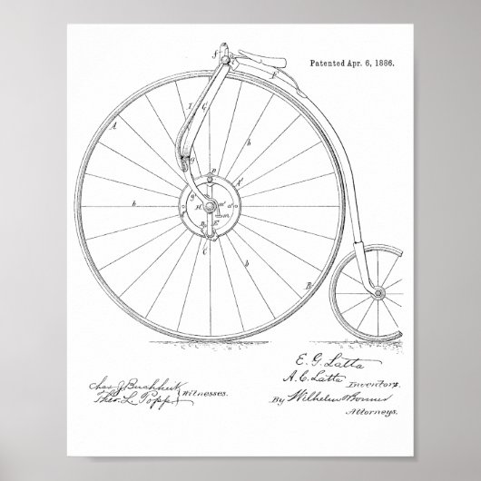 1886  High Wheeler Bicycle Patent Art Print (Voorkant)