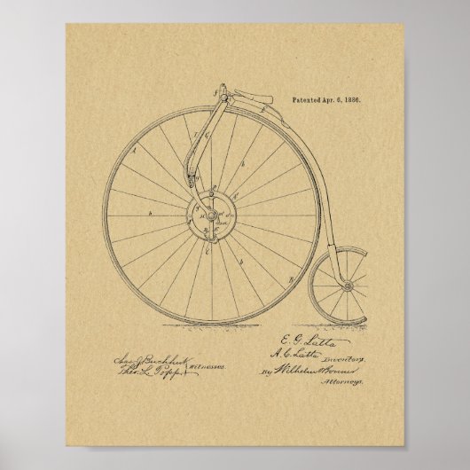 1886 High Wheeler Bicycle Patent Art Print (Voorkant)