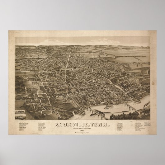 1886 Knoxville, TN Birds Eye Uitzicht Panorama Poster (Voorkant)