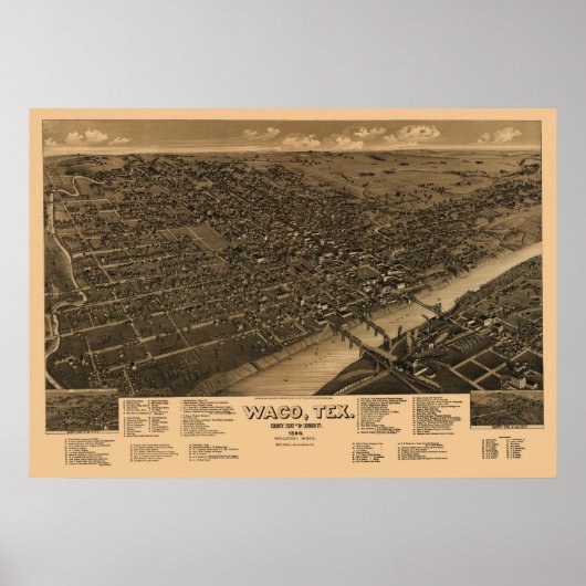 1886 Panorama Map Birds Eye Uitzicht of Waco, TX Poster (Voorkant)