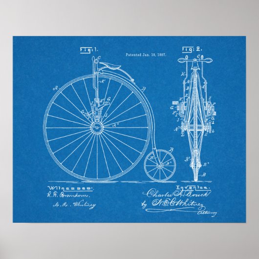 1887 High Wheeler Bicycle Design Patent Art Print (Voorkant)