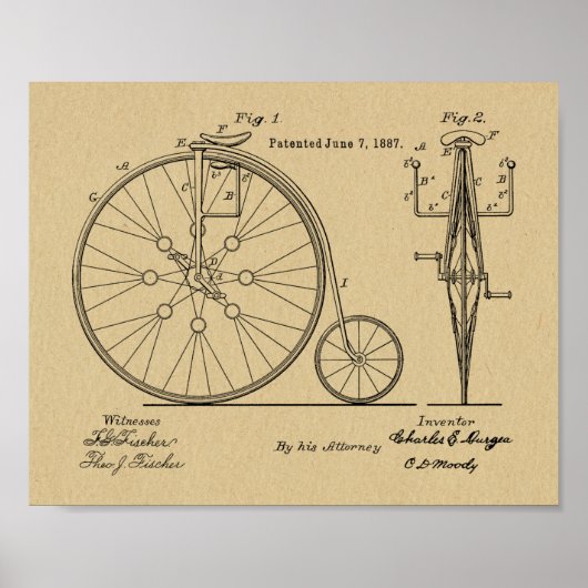 1887 High Wheeler Bicycle Patent Art Print (Voorkant)