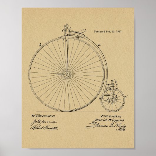 1887  High Wheeler Bicycle Patent Art Print (Voorkant)